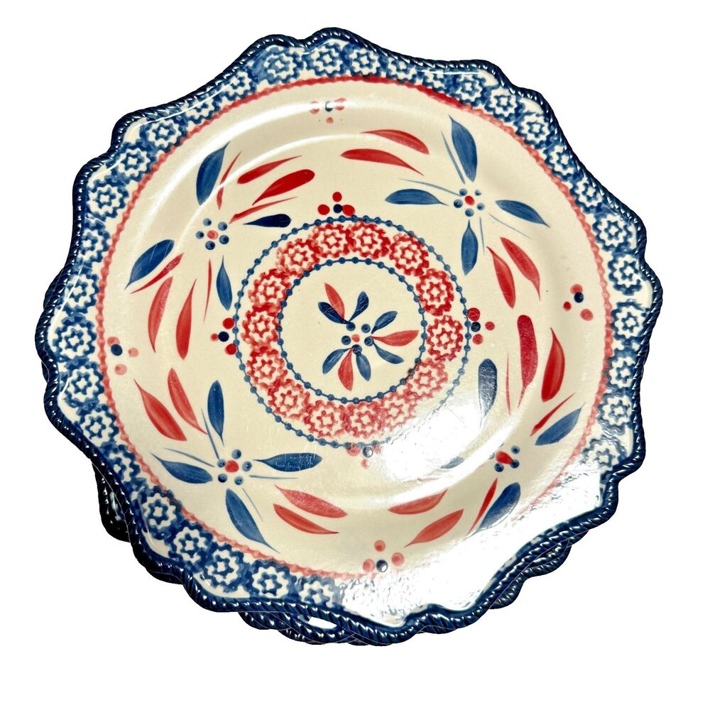Temp-tations Old World Fireworkfetti red wht blu hand-painted, 8 dinner plates